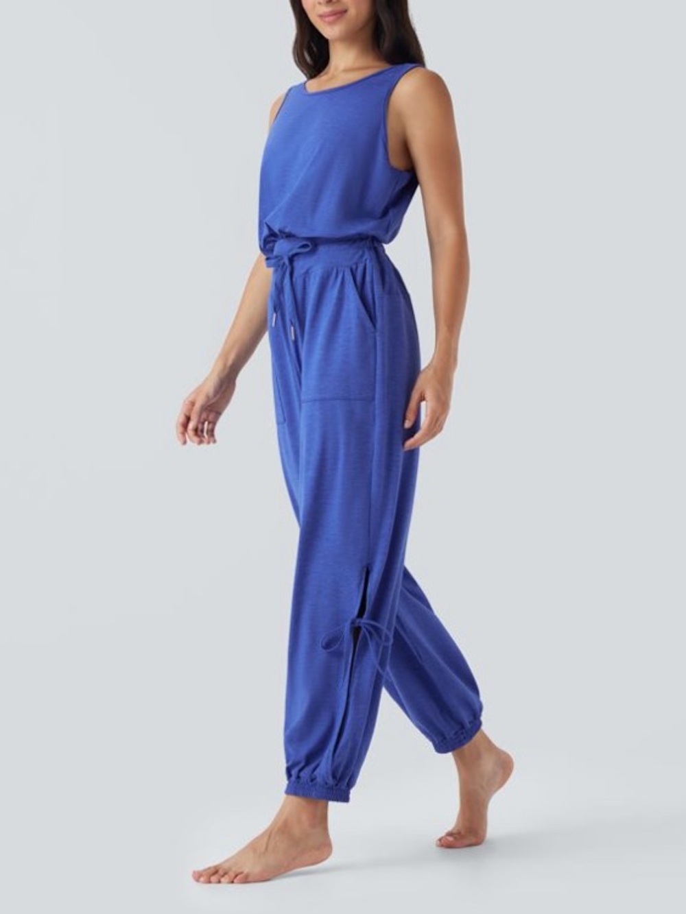 Halara LARGE Jumpsuit Yoga Romper Glass Blue Tie Jogger Leg